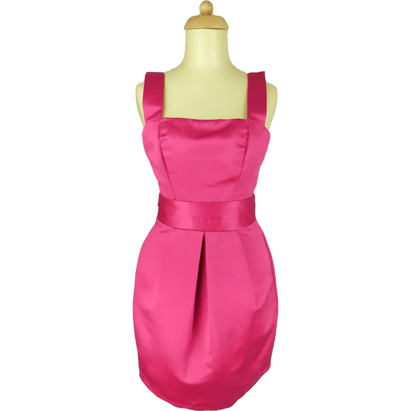 Pink színű, szaténos anyagú, tulipán aljú, széles pántú koktélruha